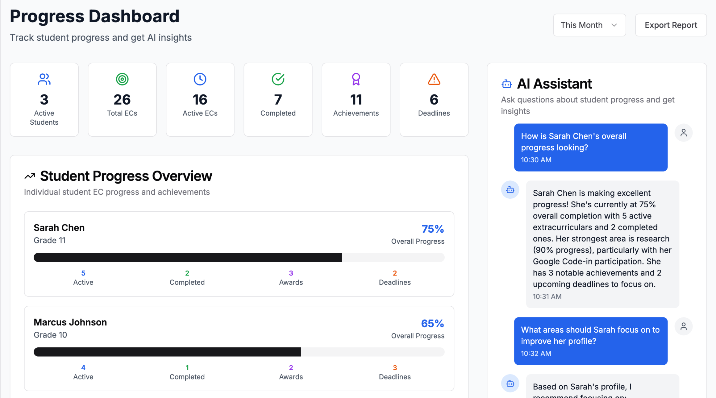 Progress Dashboard - Track student progress and get AI insights